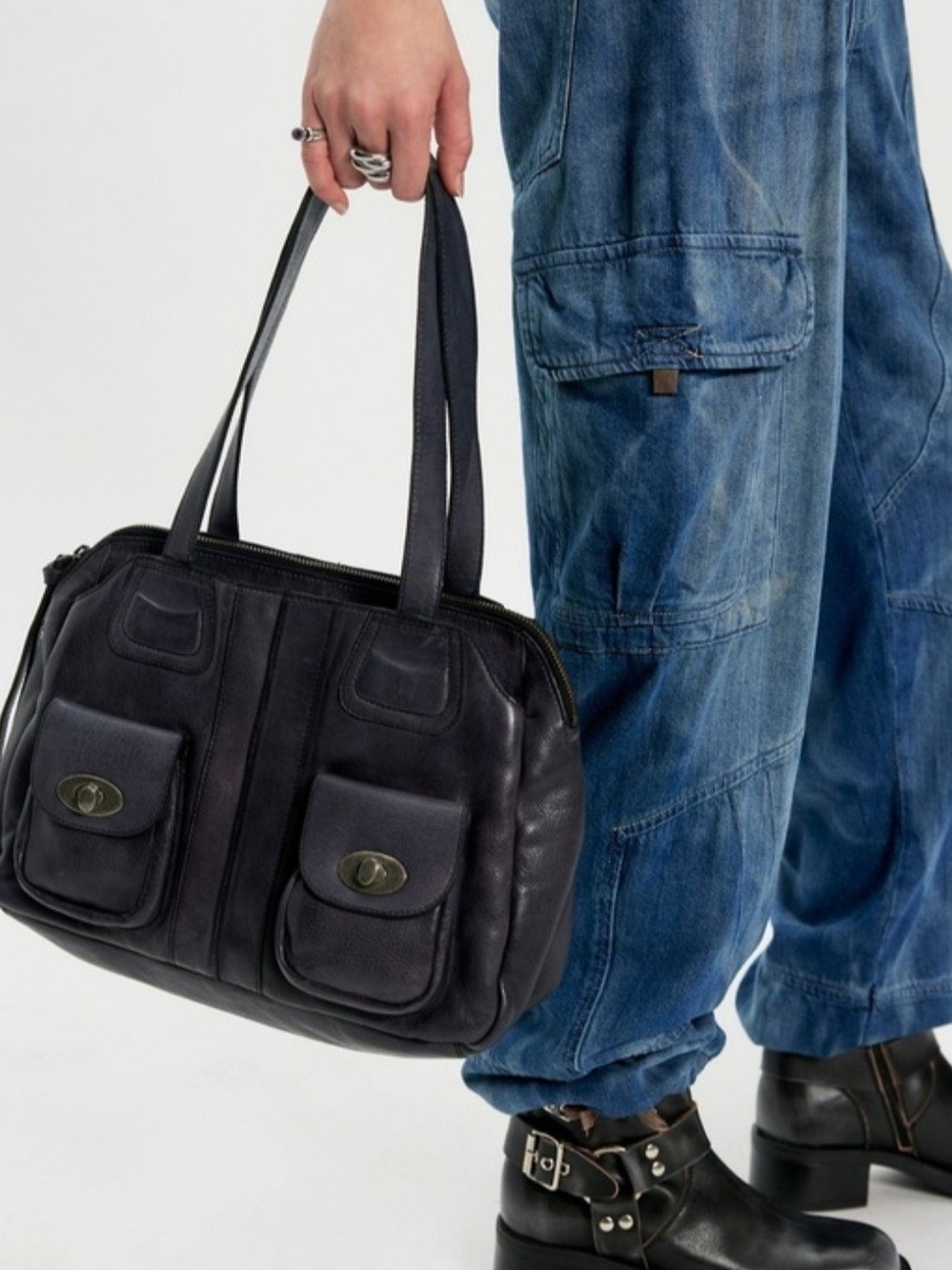 Free People Leather Black Bowler Bag Purse